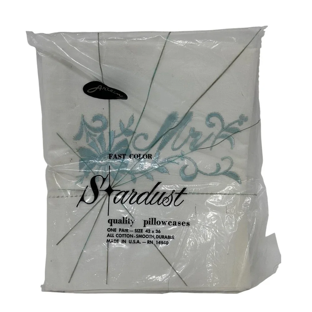 Vintage Stardust Mr and Mrs Embroidered Pillowcases White Blue Set of 2 NOS